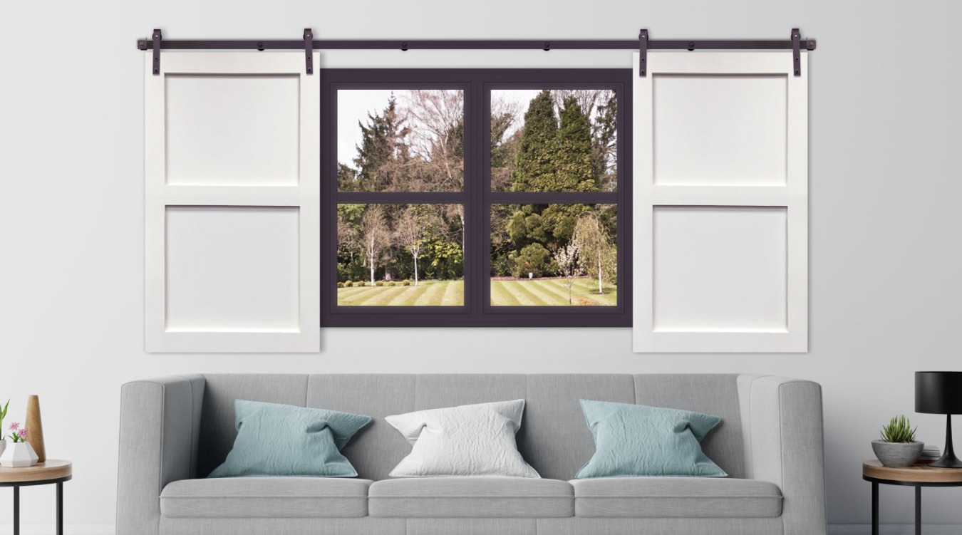 White barn door shutter in modern San Diego living room